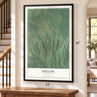 Shiloh, Tennessee map, 24 x 36 inch print in a black frame by a staircase