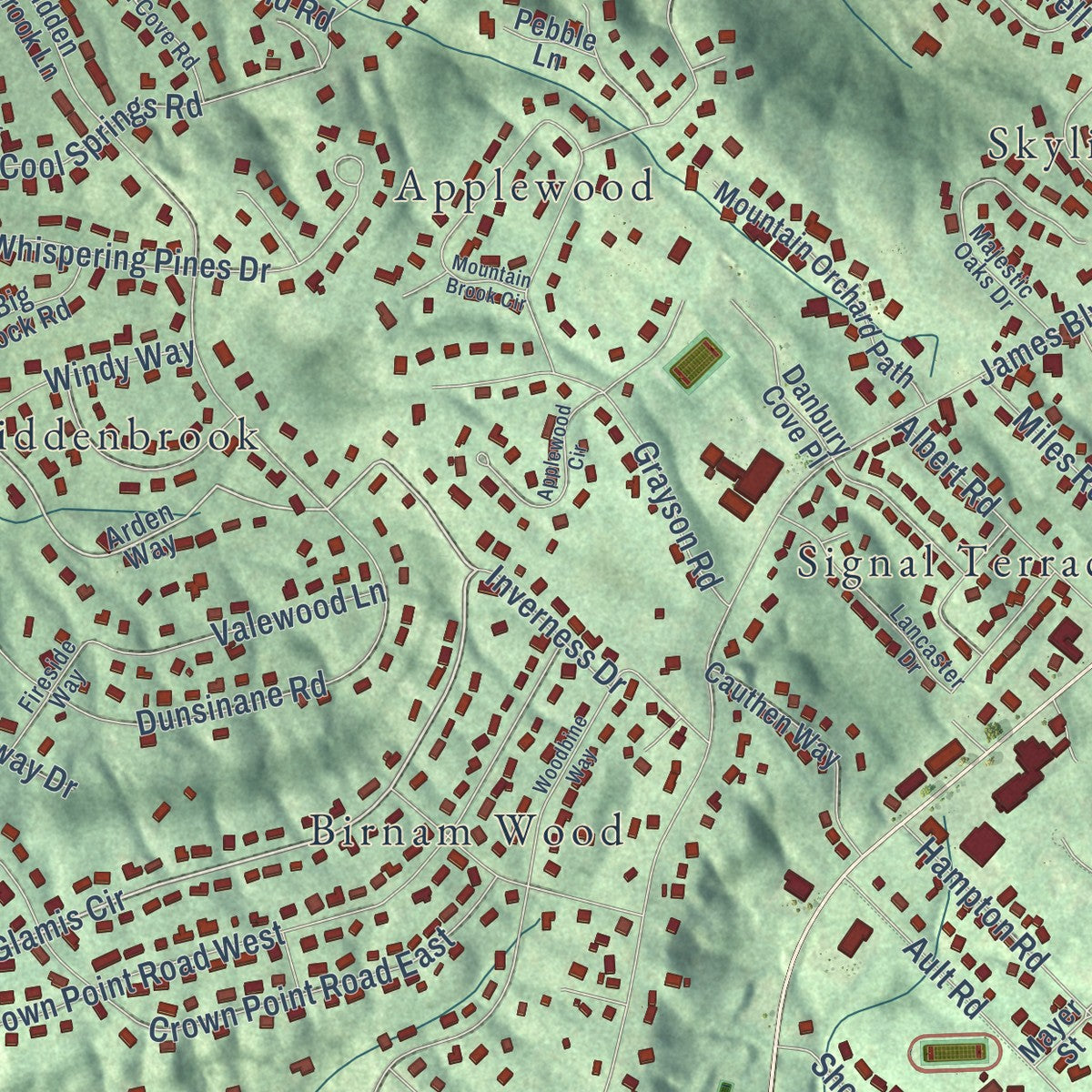 Close-up of the map of Signal Mountain, Tennessee print showing street and building detail