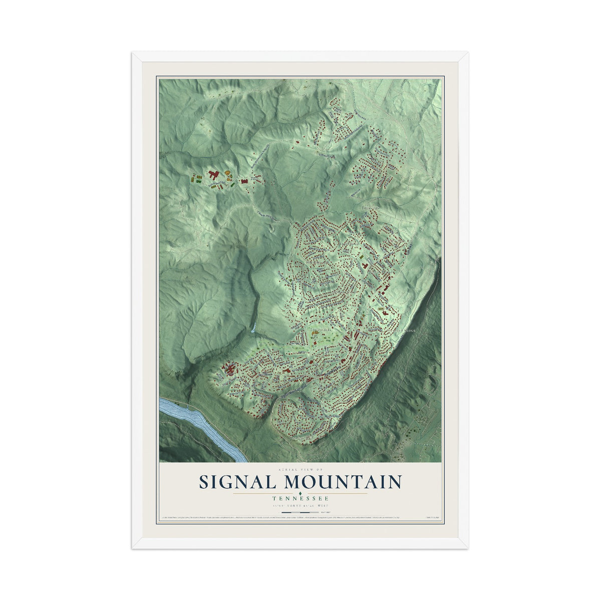 Map of Signal Mountain, Tennessee, 12 x 18 inch print in a white wood frame