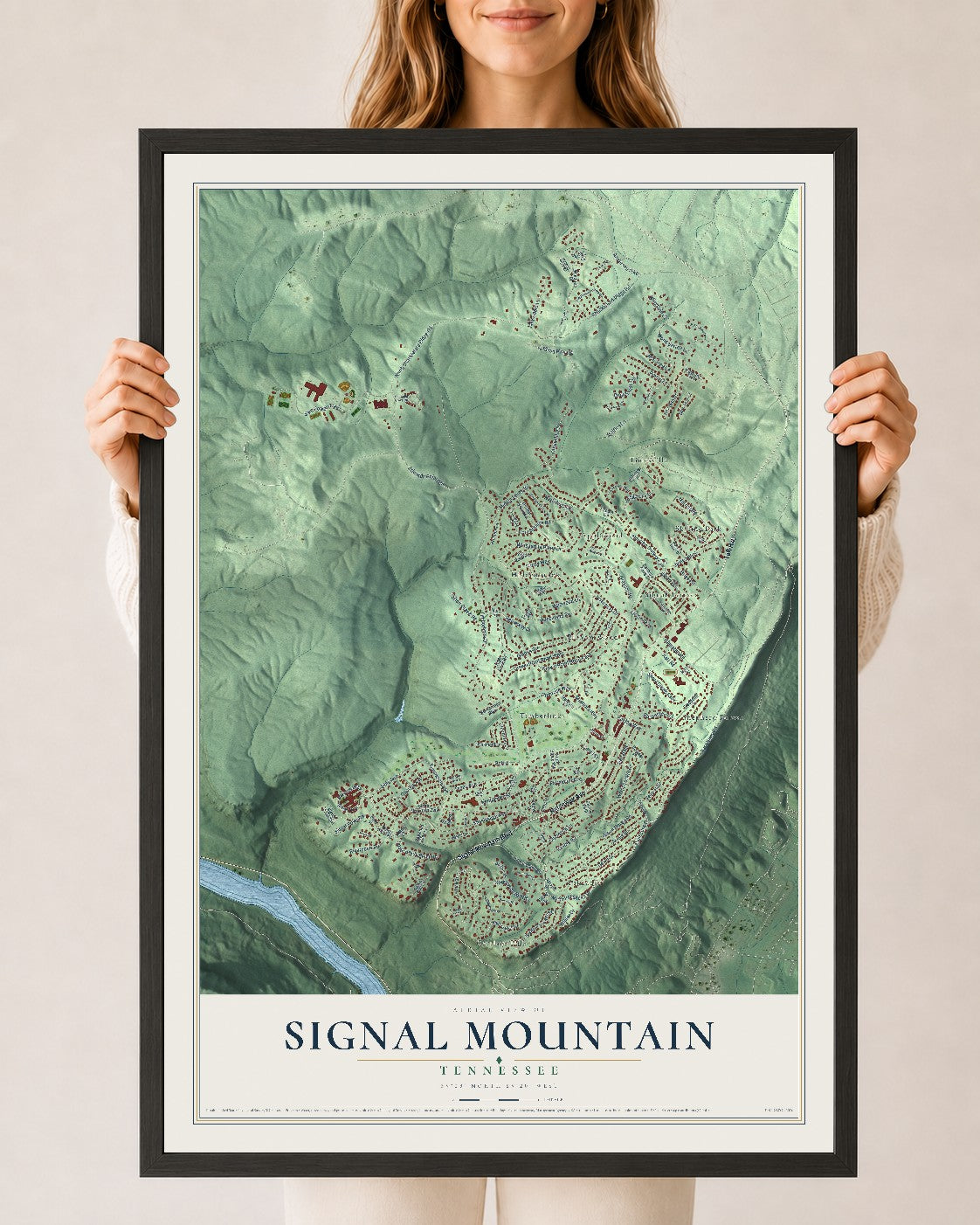 Map of Signal Mountain, Tennessee, 24 x 36 inch print in a black wood frame