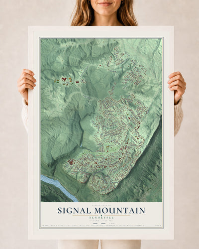 Map of Signal Mountain, Tennessee, 24 x 36 inch print in a white wood frame