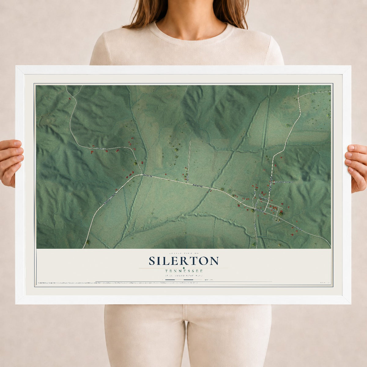 Map of Silerton, Tennessee, 18 x 24 inch print in a white wood frame