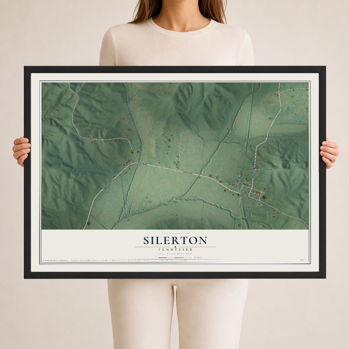 Map of Silerton, Tennessee, 24 x 36 inch print in a black wood frame