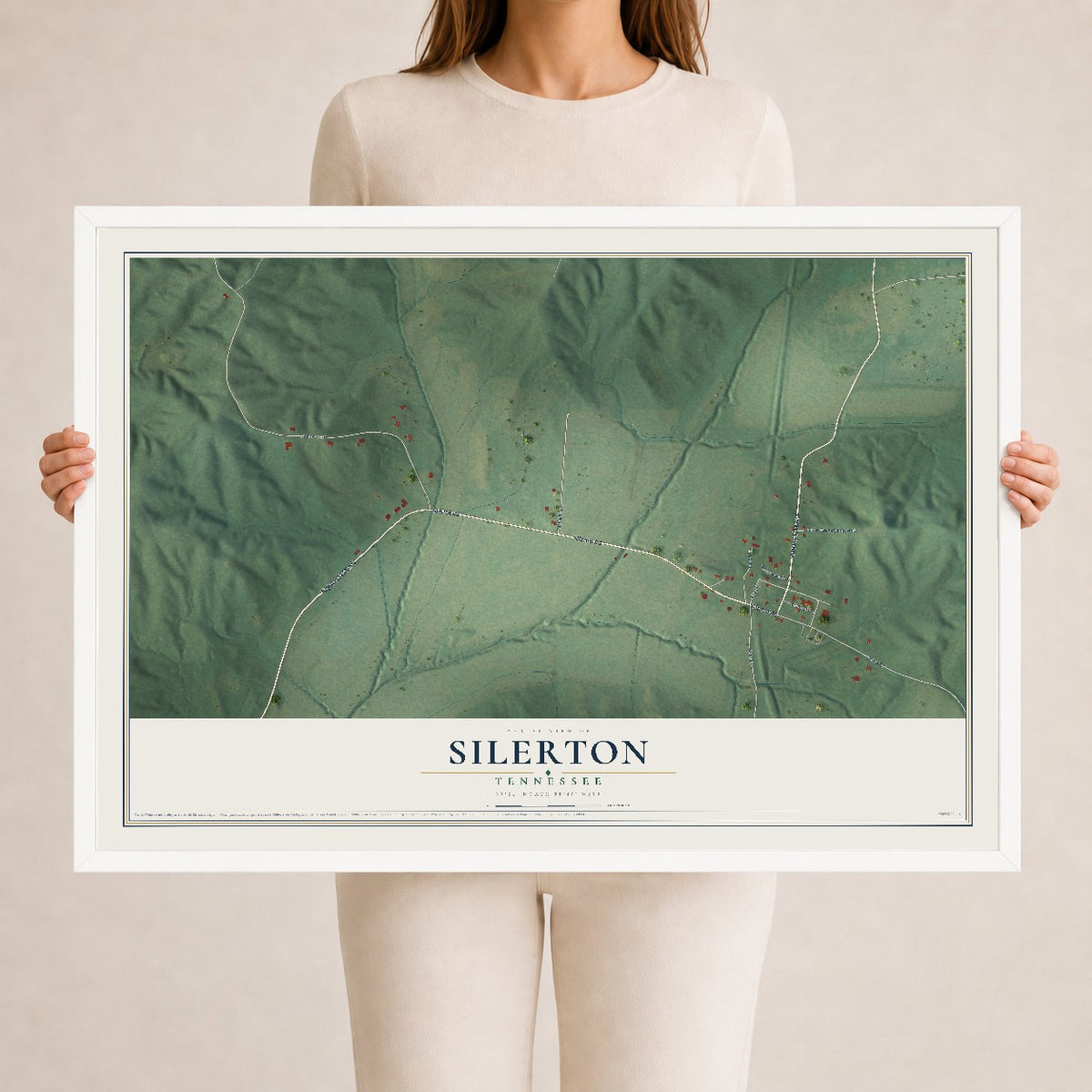 Map of Silerton, Tennessee, 24 x 36 inch print in a white wood frame
