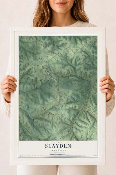 Map of Slayden, Tennessee, 18 x 24 inch print in a white wood frame
