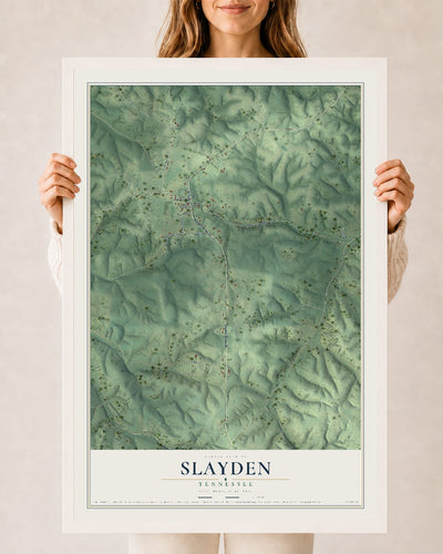 Map of Slayden, Tennessee, 24 x 36 inch print in a white wood frame