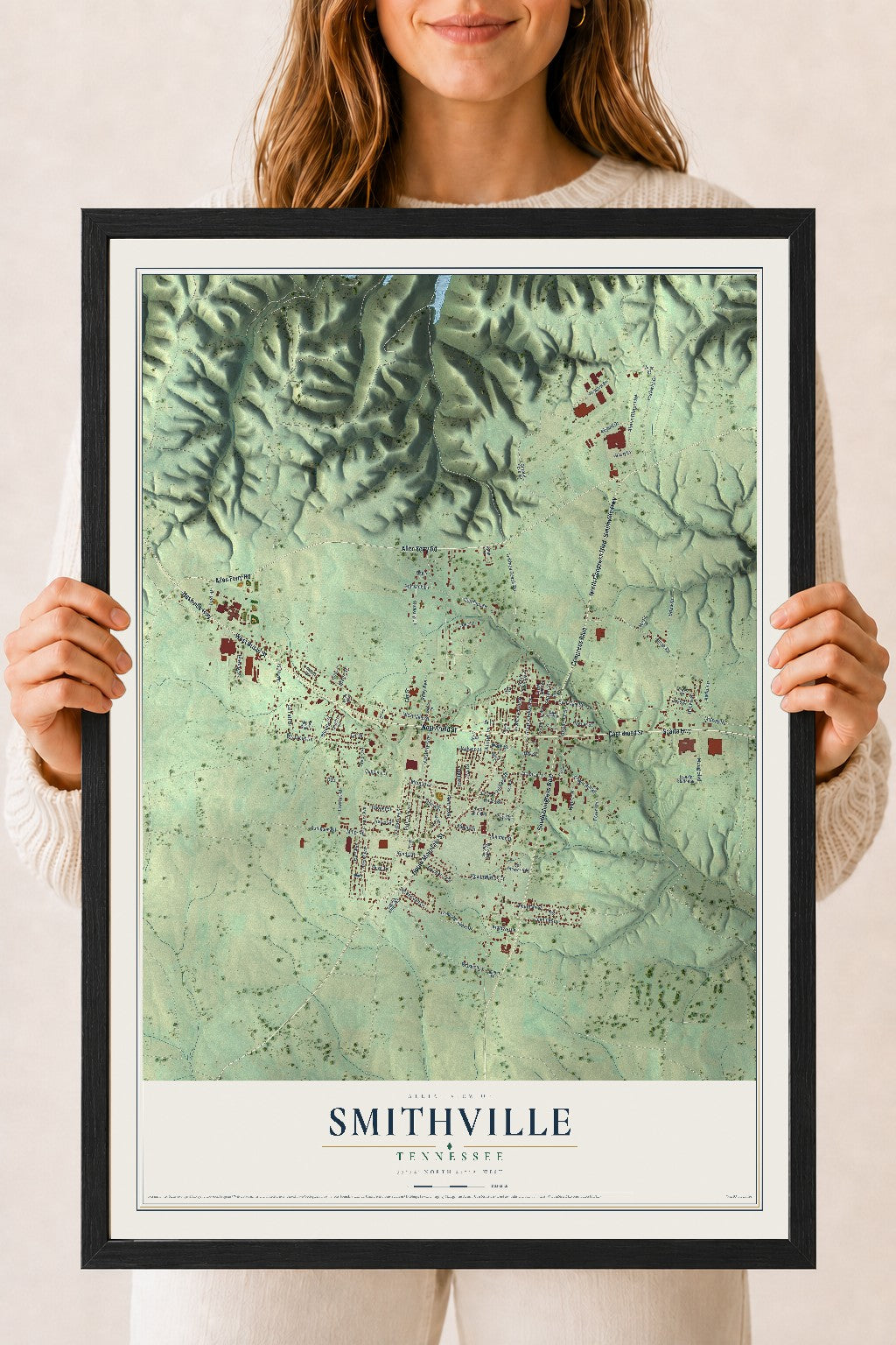 Map of Smithville, Tennessee, 18 x 24 inch print in a black wood frame
