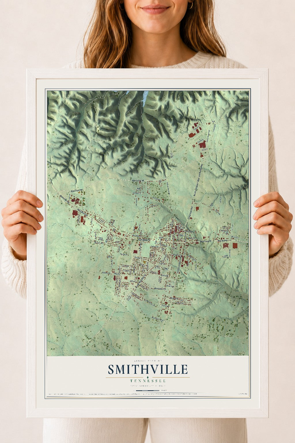 Map of Smithville, Tennessee, 18 x 24 inch print in a white wood frame
