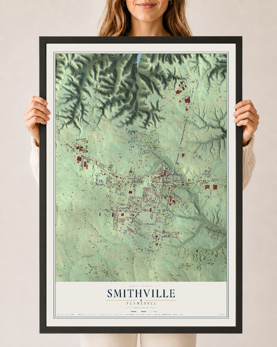 Map of Smithville, Tennessee, 24 x 36 inch print in a black wood frame