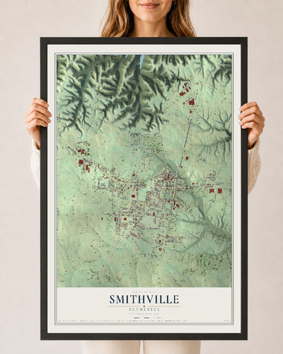 Map of Smithville, Tennessee, 24 x 36 inch print in a black wood frame