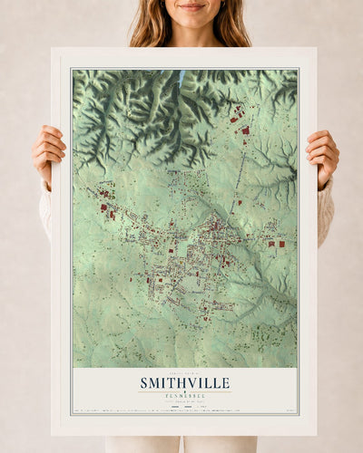 Map of Smithville, Tennessee, 24 x 36 inch print in a white wood frame