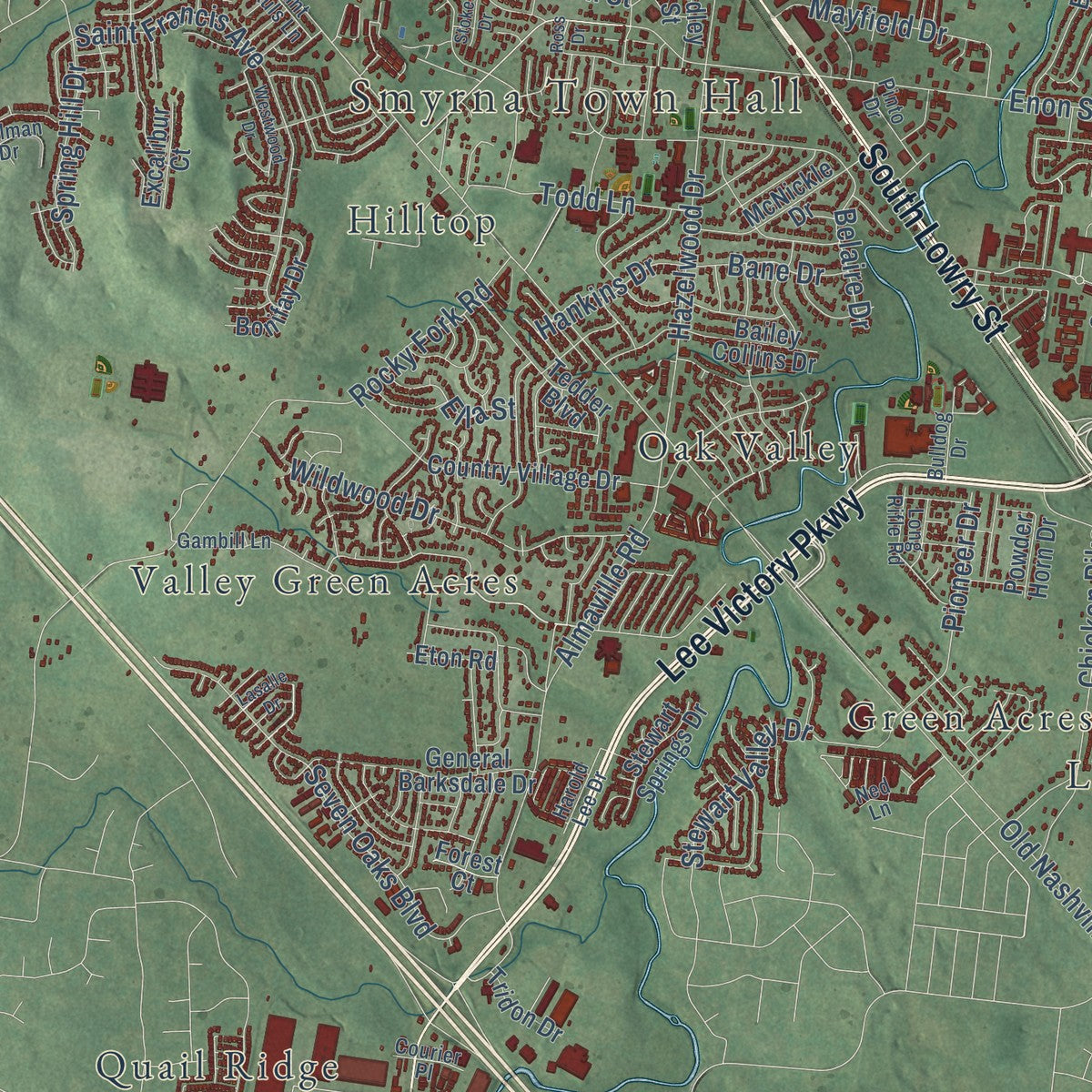 Close-up of the map of Smyrna, Tennessee print showing street and building detail