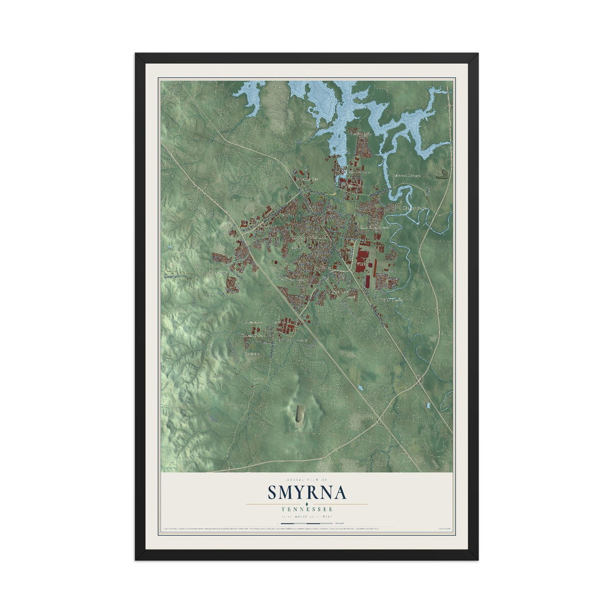 Map of Smyrna, Tennessee, 12 x 18 inch print in a black wood frame
