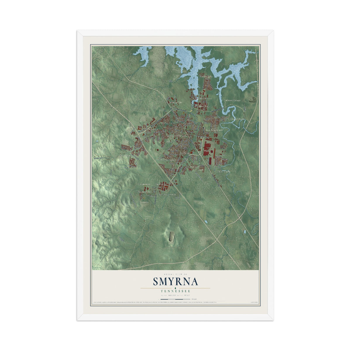 Map of Smyrna, Tennessee, 12 x 18 inch print in a white wood frame