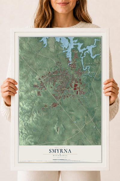 Map of Smyrna, Tennessee, 18 x 24 inch print in a white wood frame