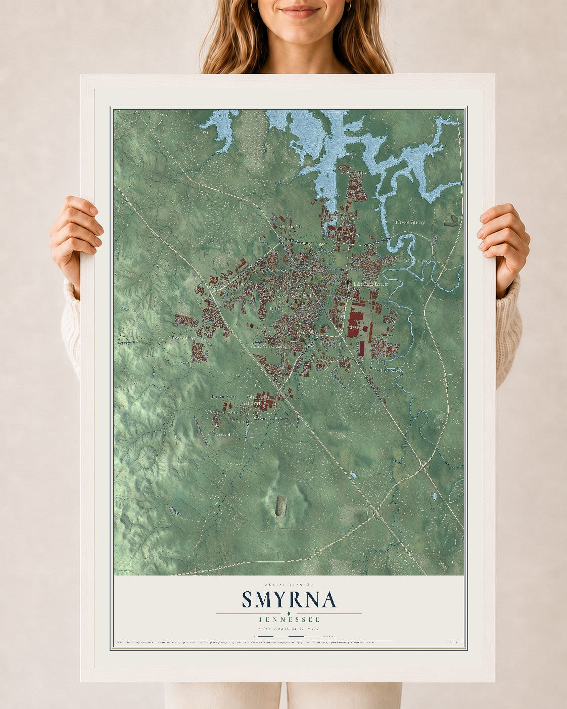 Map of Smyrna, Tennessee, 24 x 36 inch print in a white wood frame