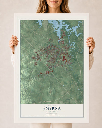 Map of Smyrna, Tennessee, 24 x 36 inch print in a white wood frame