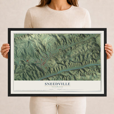 Map of Sneedville, Tennessee, 12 x 18 inch print in a black wood frame