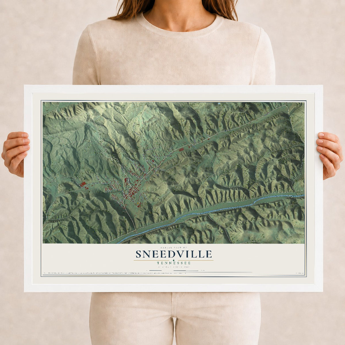 Map of Sneedville, Tennessee, 12 x 18 inch print in a white wood frame