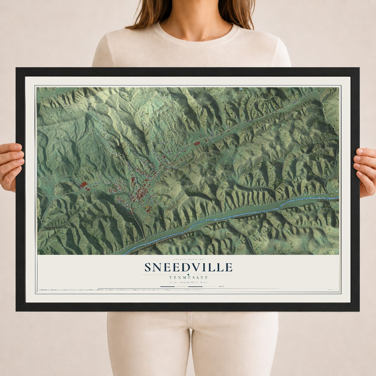 Map of Sneedville, Tennessee, 18 x 24 inch print in a black wood frame