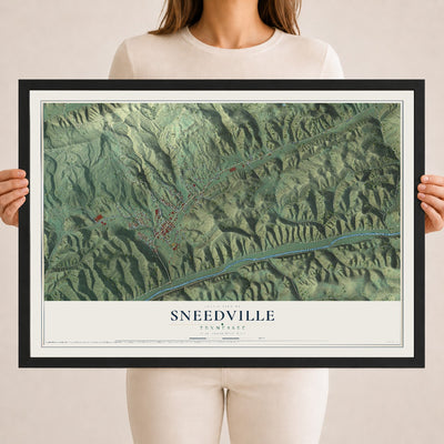 Map of Sneedville, Tennessee, 18 x 24 inch print in a black wood frame