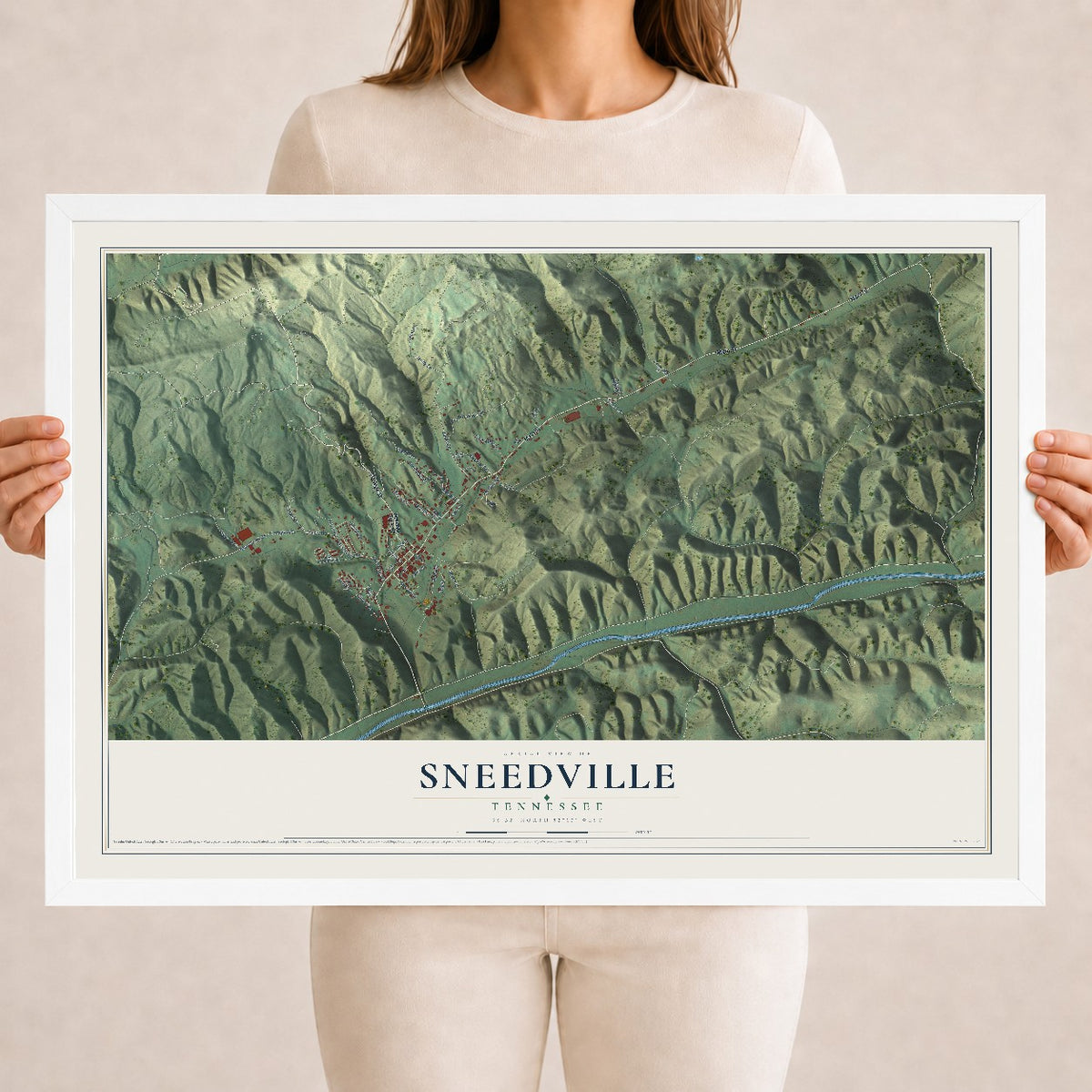 Map of Sneedville, Tennessee, 18 x 24 inch print in a white wood frame