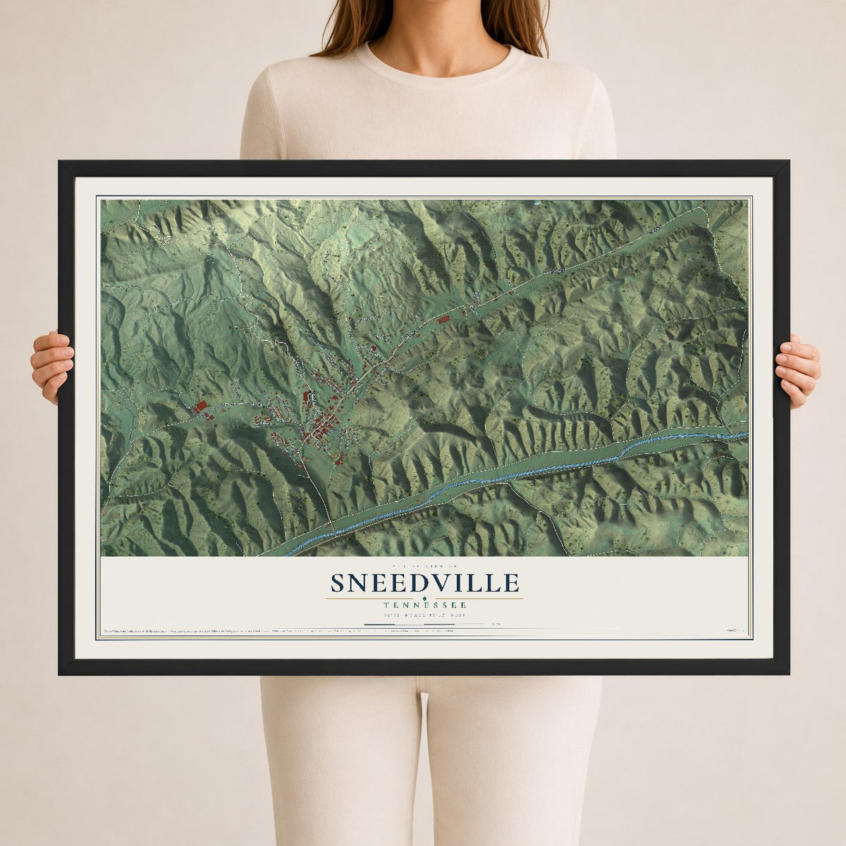 Map of Sneedville, Tennessee, 24 x 36 inch print in a black wood frame