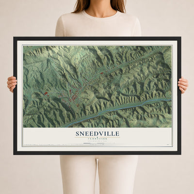 Map of Sneedville, Tennessee, 24 x 36 inch print in a black wood frame