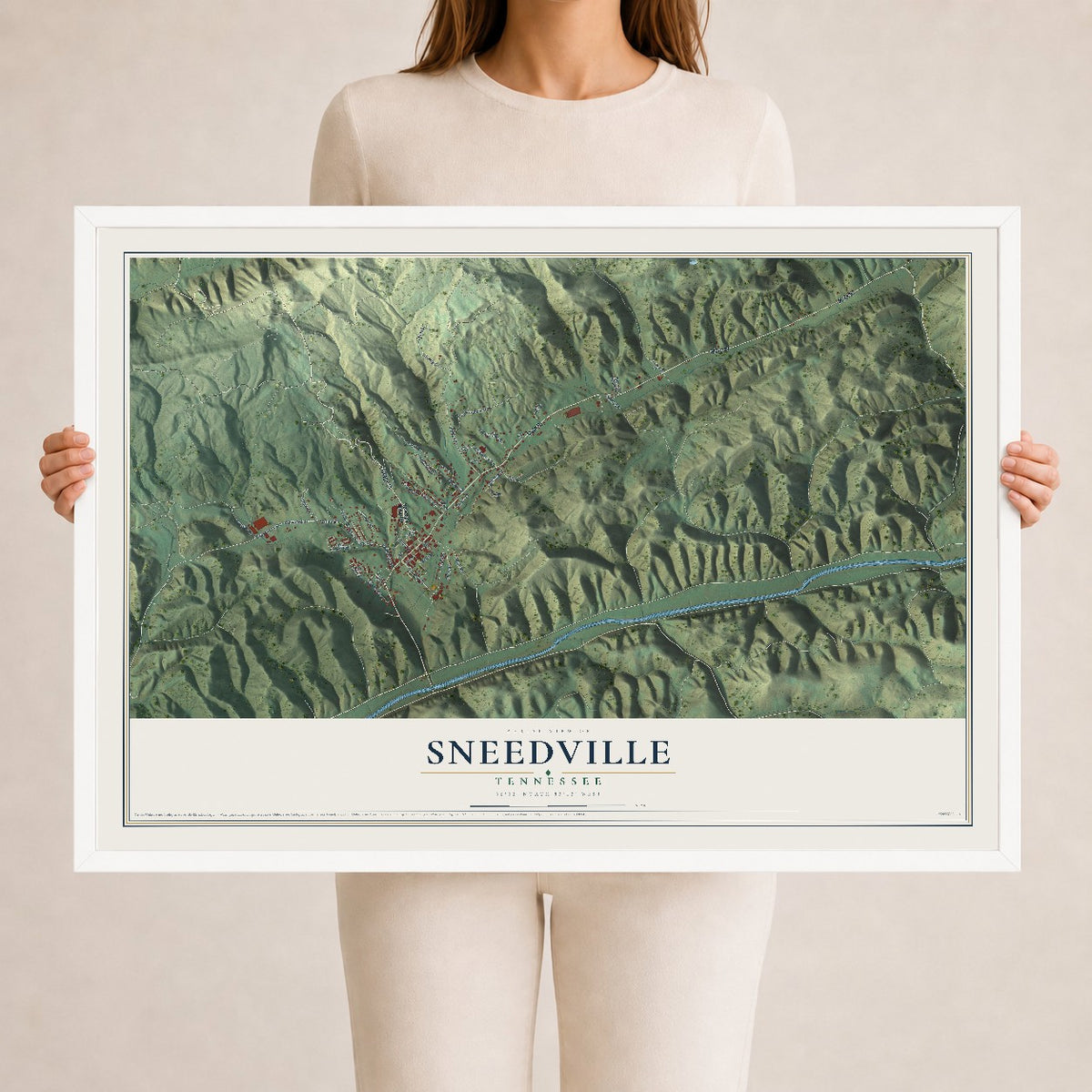 Map of Sneedville, Tennessee, 24 x 36 inch print in a white wood frame