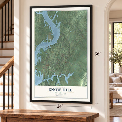 Snow Hill, Tennessee map, 24 x 36 inch print in a black frame by a staircase