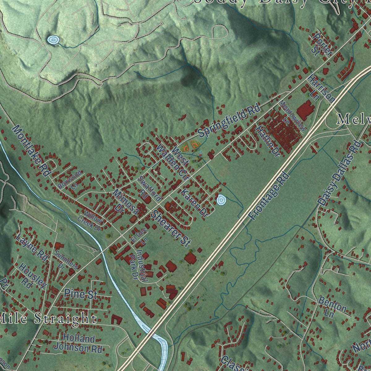 Close-up of the map of Soddy-Daisy, Tennessee print showing street and building detail