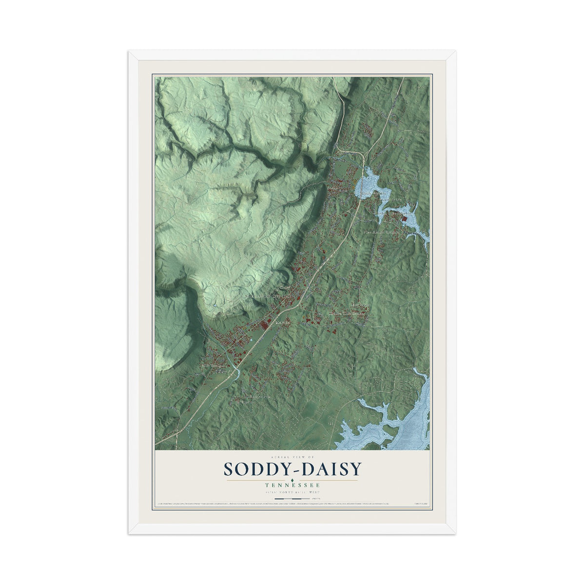 Map of Soddy-Daisy, Tennessee, 12 x 18 inch print in a white wood frame