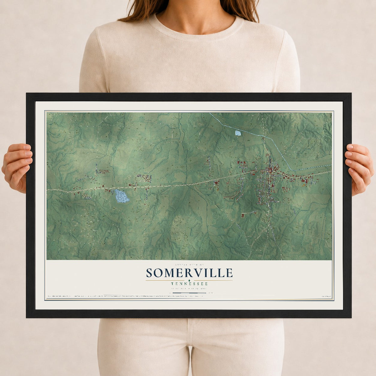 Map of Somerville, Tennessee, 12 x 18 inch print in a black wood frame