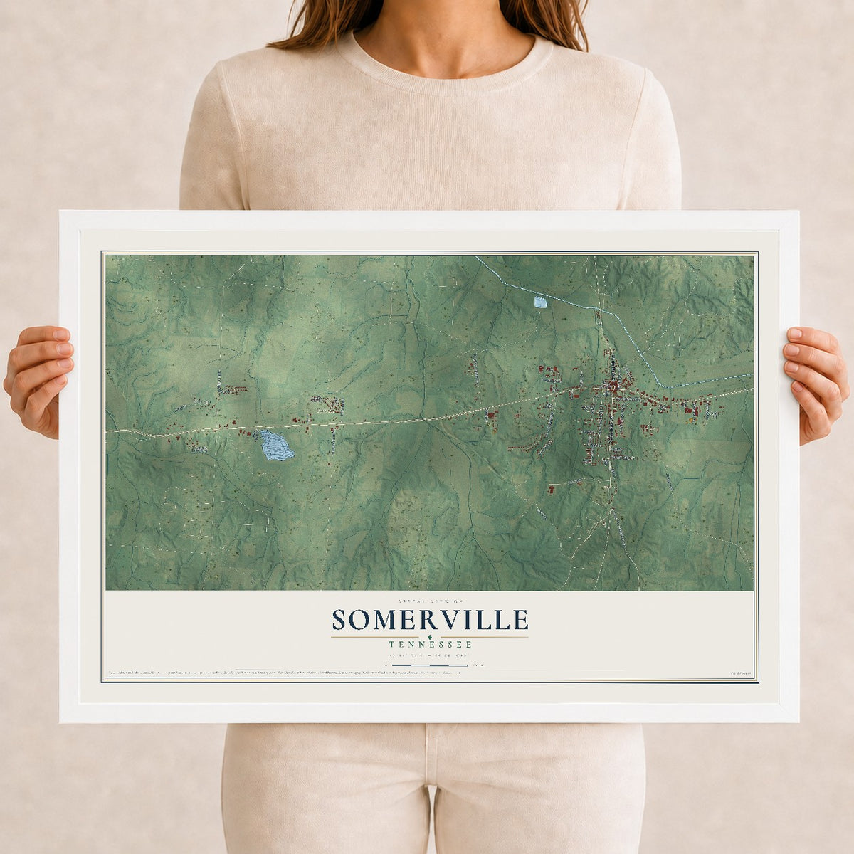 Map of Somerville, Tennessee, 12 x 18 inch print in a white wood frame