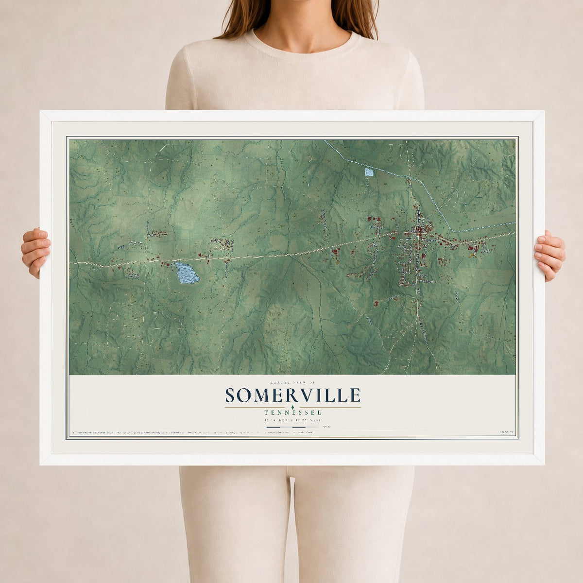 Map of Somerville, Tennessee, 24 x 36 inch print in a white wood frame