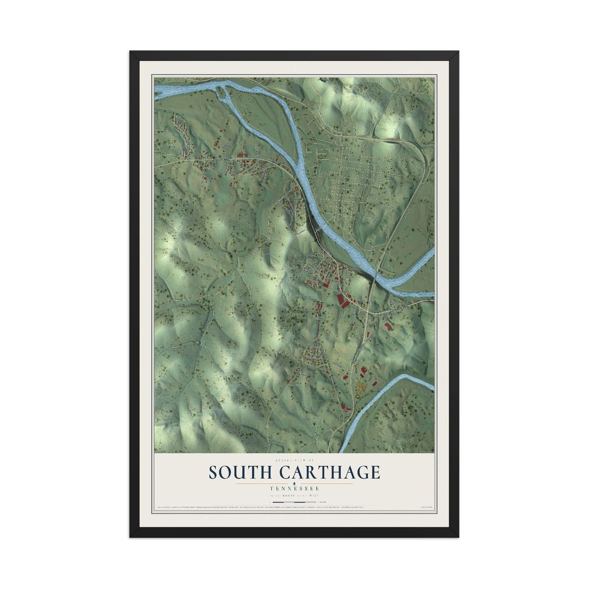 Map of South Carthage, Tennessee, 12 x 18 inch print in a black wood frame