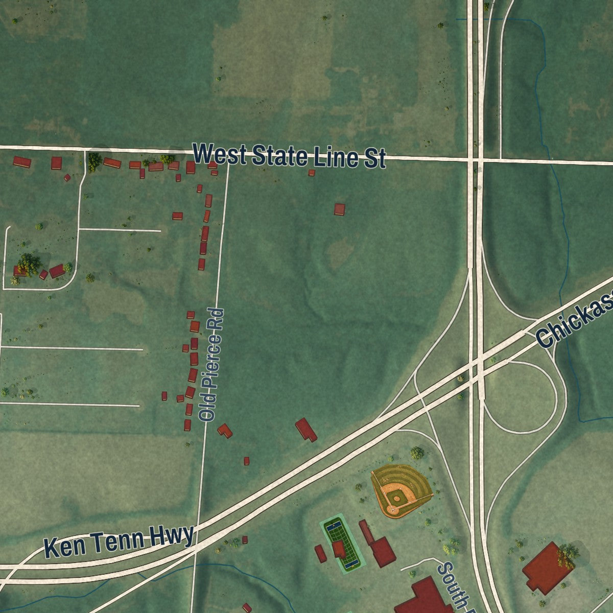 Second close-up of the map of South Fulton, Tennessee print showing more streets and buildings