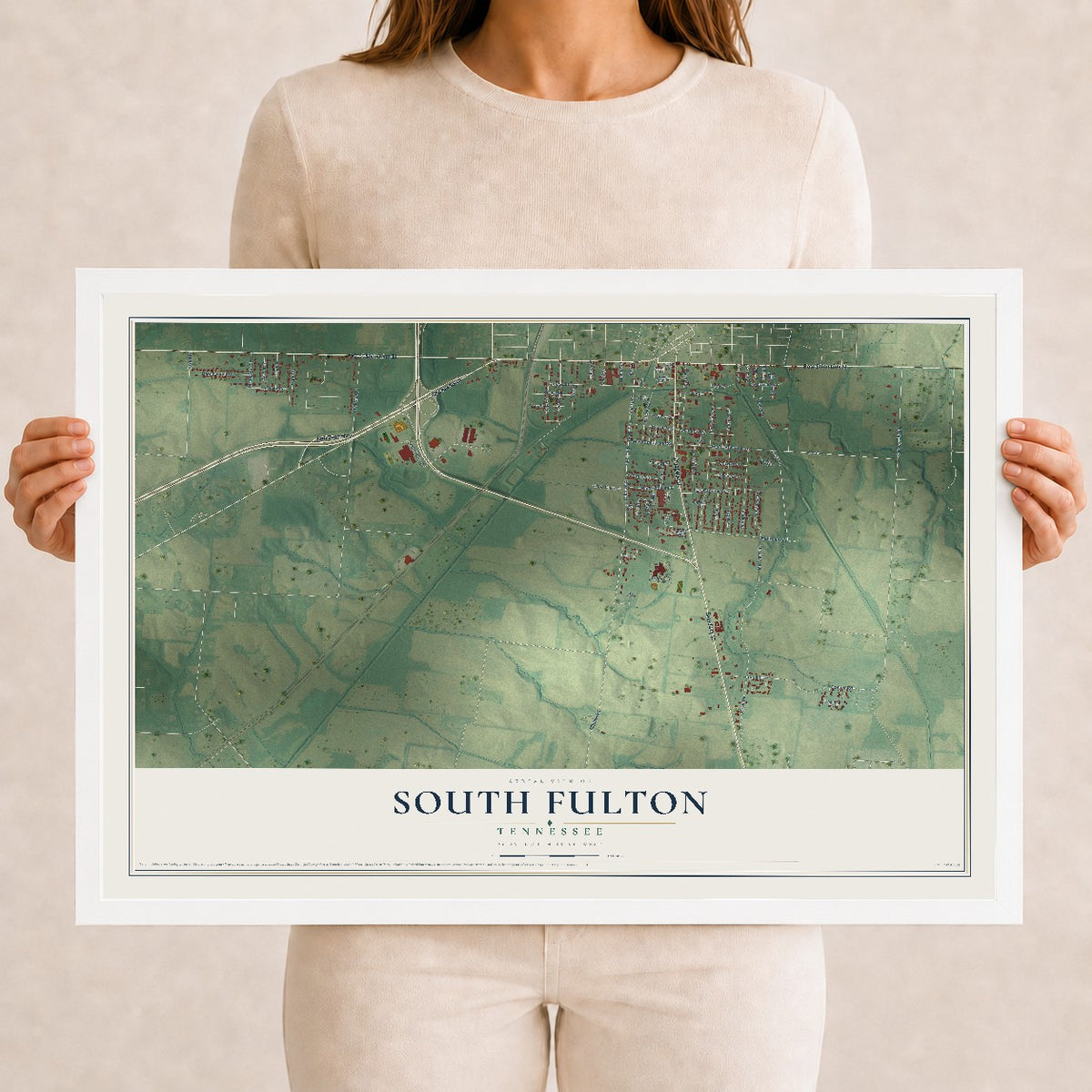 Map of South Fulton, Tennessee, 12 x 18 inch print in a white wood frame