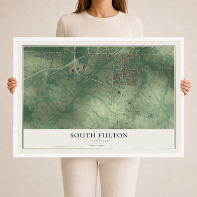 Map of South Fulton, Tennessee, 24 x 36 inch print in a white wood frame