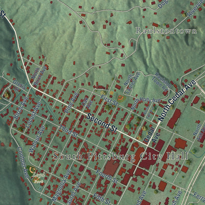 Close-up of the map of South Pittsburg, Tennessee print showing street and building detail