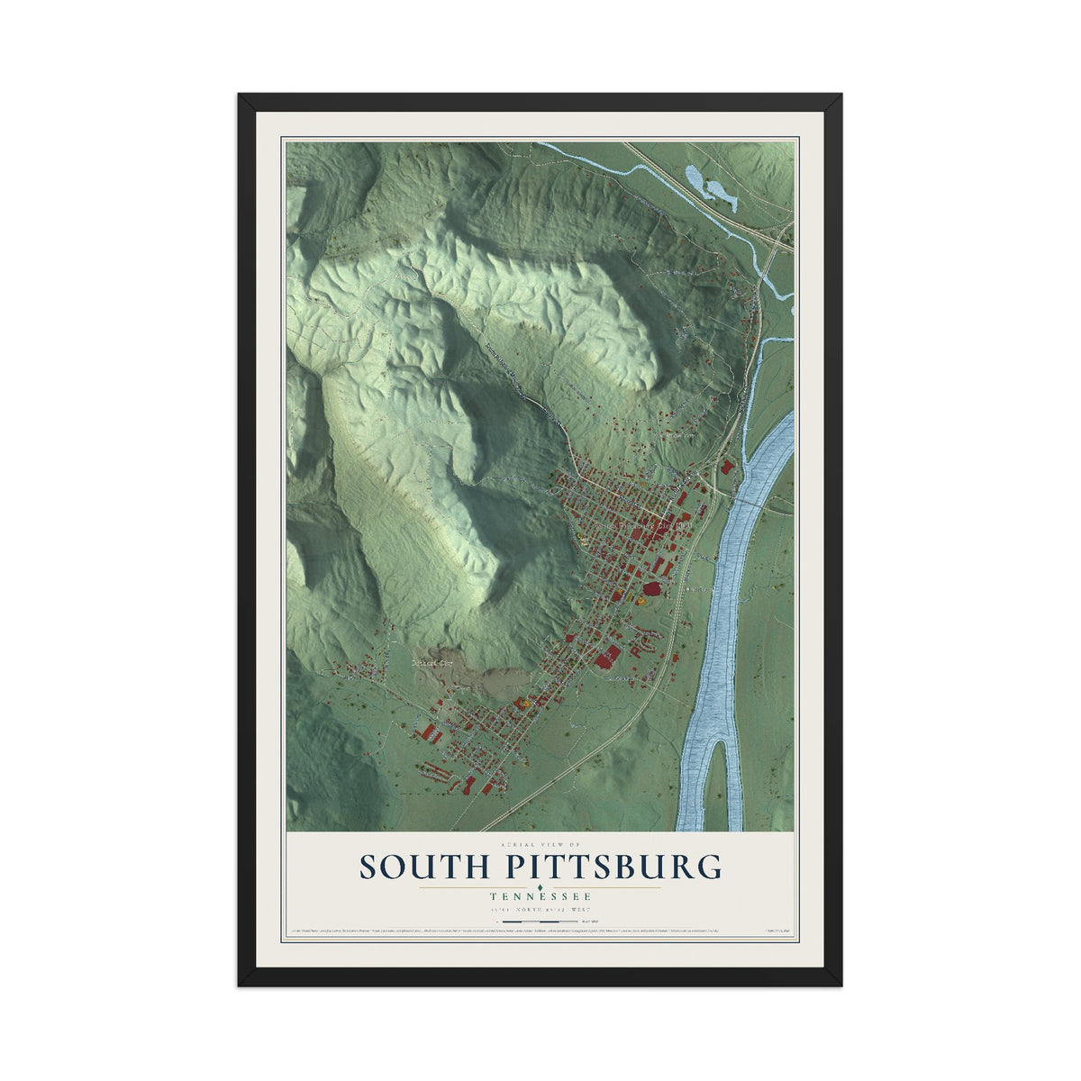 Map of South Pittsburg, Tennessee, 12 x 18 inch print in a black wood frame