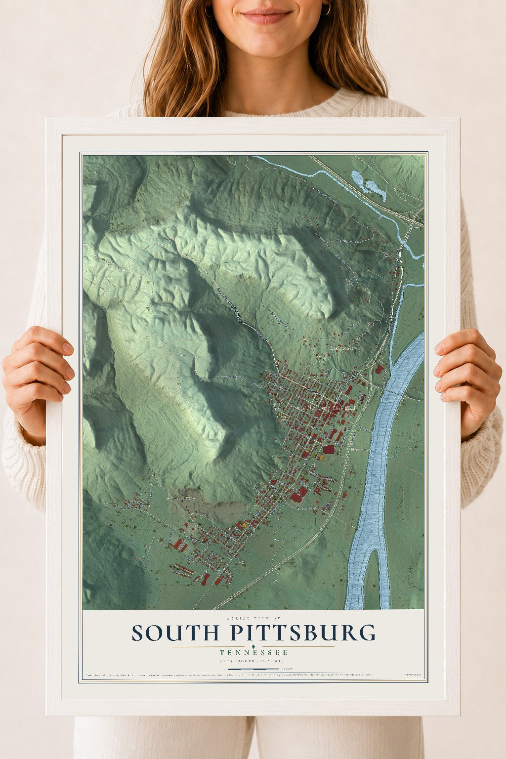 Map of South Pittsburg, Tennessee, 18 x 24 inch print in a white wood frame