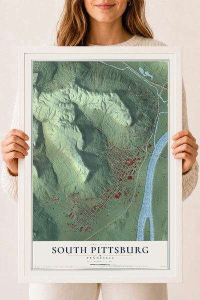 Map of South Pittsburg, Tennessee, 18 x 24 inch print in a white wood frame