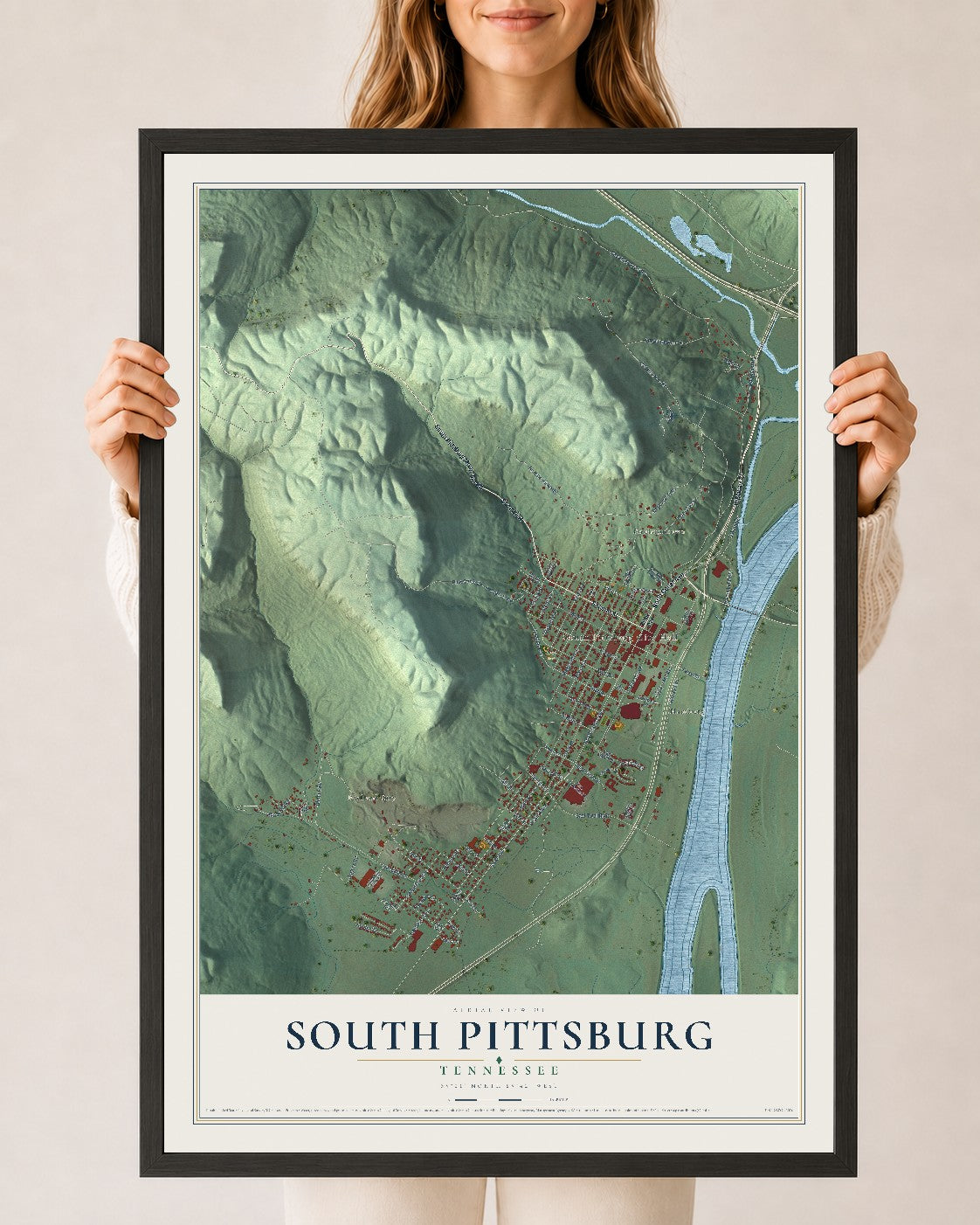 Map of South Pittsburg, Tennessee, 24 x 36 inch print in a black wood frame