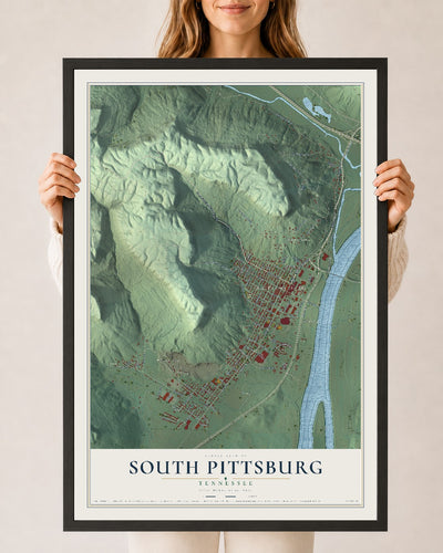 Map of South Pittsburg, Tennessee, 24 x 36 inch print in a black wood frame