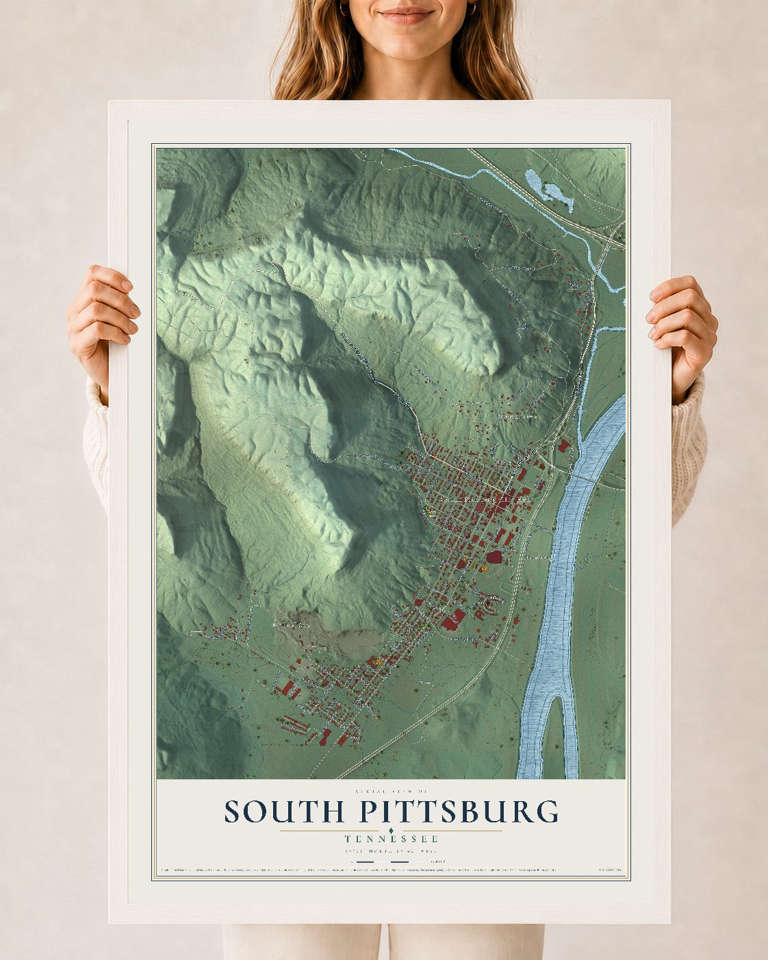 Map of South Pittsburg, Tennessee, 24 x 36 inch print in a white wood frame