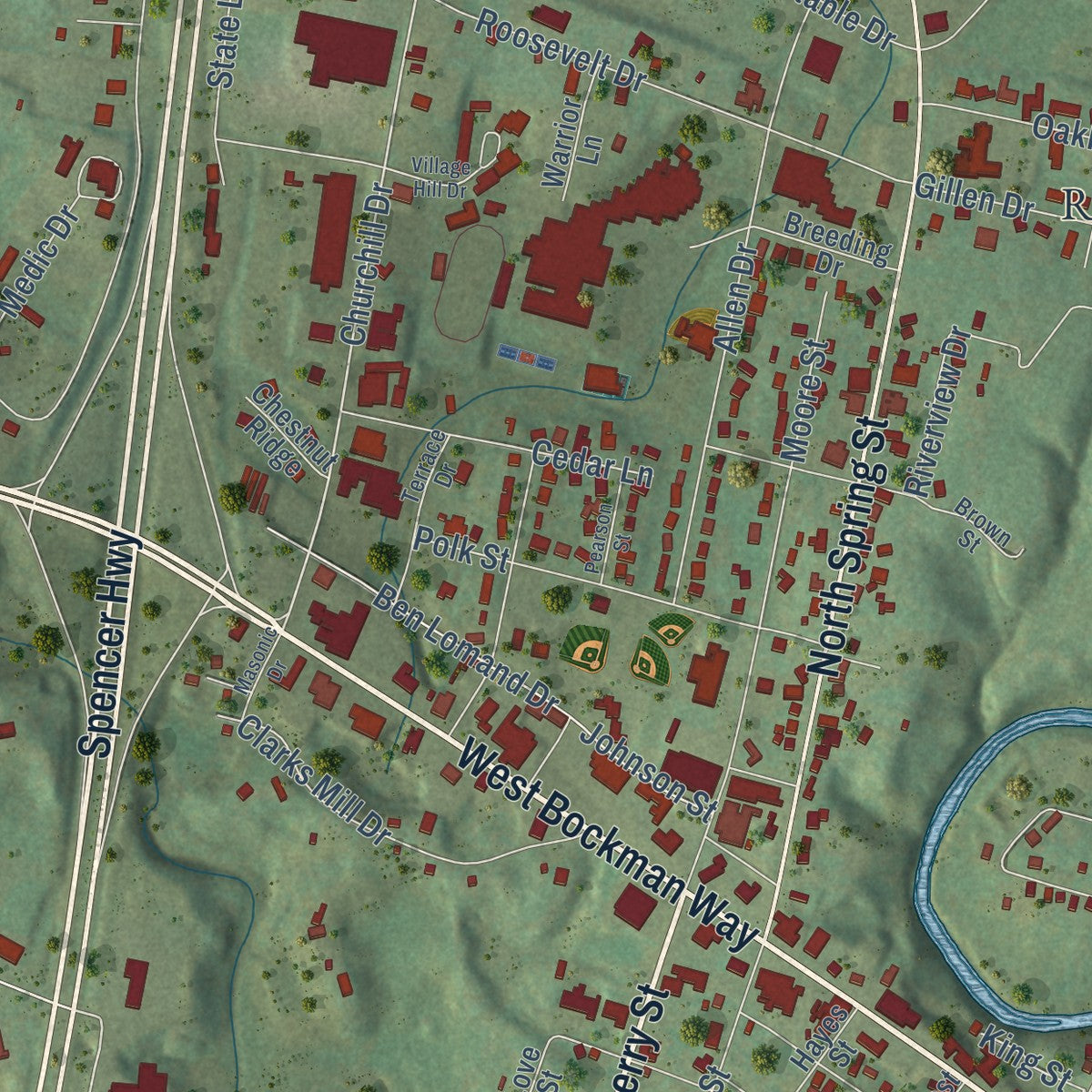 Second close-up of the map of Sparta, Tennessee print showing more streets and buildings