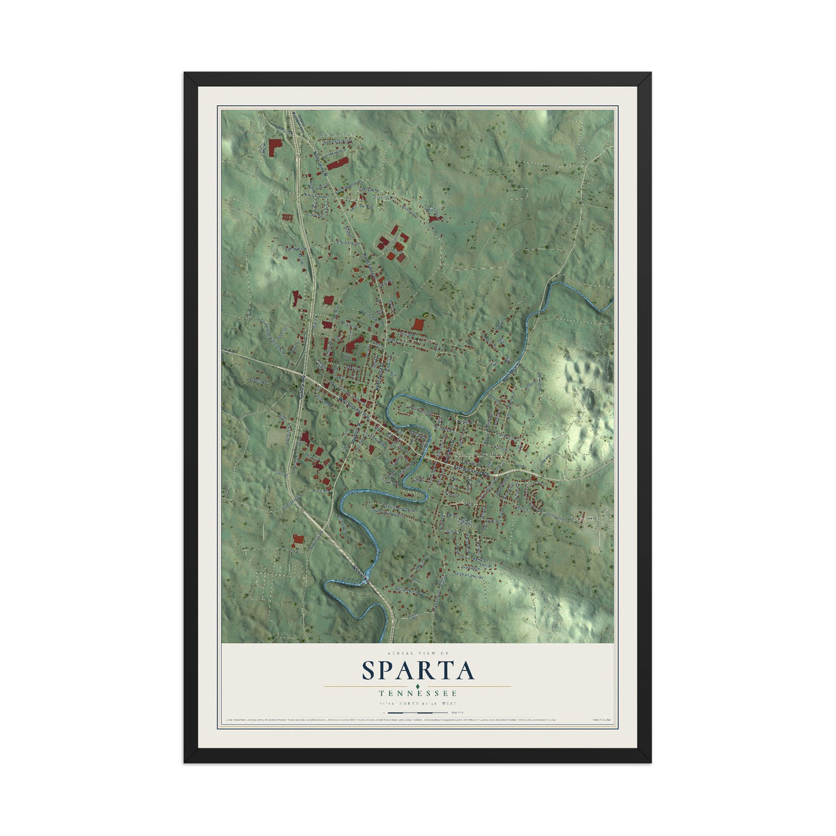Map of Sparta, Tennessee, 12 x 18 inch print in a black wood frame