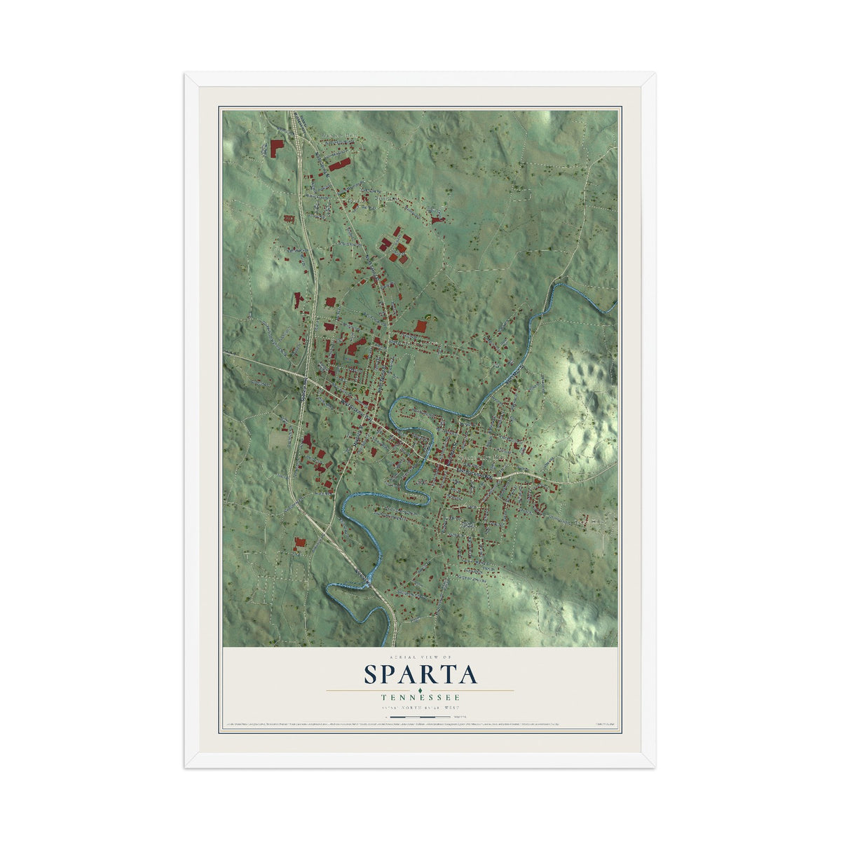 Map of Sparta, Tennessee, 12 x 18 inch print in a white wood frame