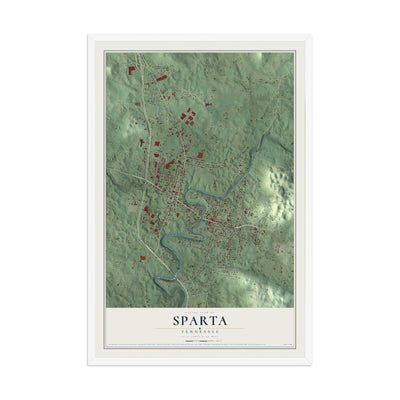 Map of Sparta, Tennessee, 12 x 18 inch print in a white wood frame